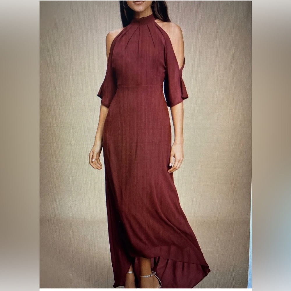 Lulu’s Loving Moment burgundy cold shoulder cutout halter maxi dress, size L